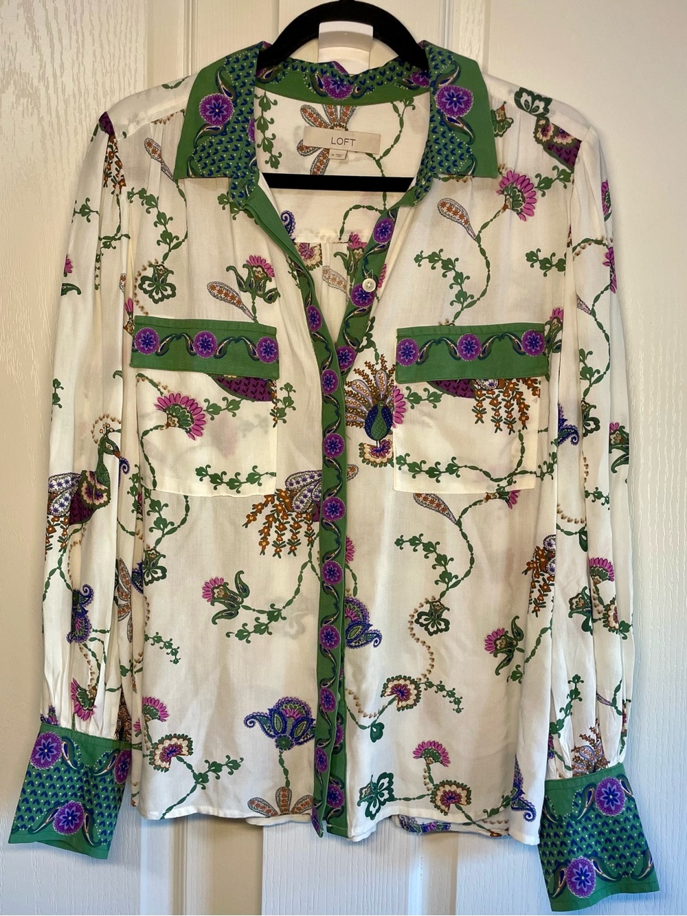 LOFT Cream Floral Button-Front Blouse with Green Trim